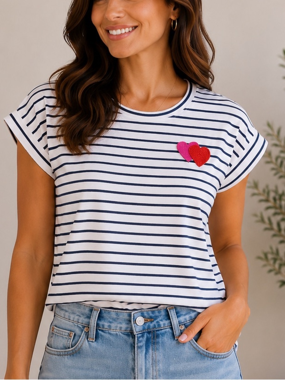 Cynthia Rowley White and Black Striped Tee with Pink Heart